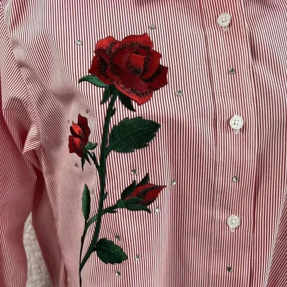 Vintage Las Olas Womens M Red Striped Button Top Rose Embroidery Blouse Western - Picture 5 of 13